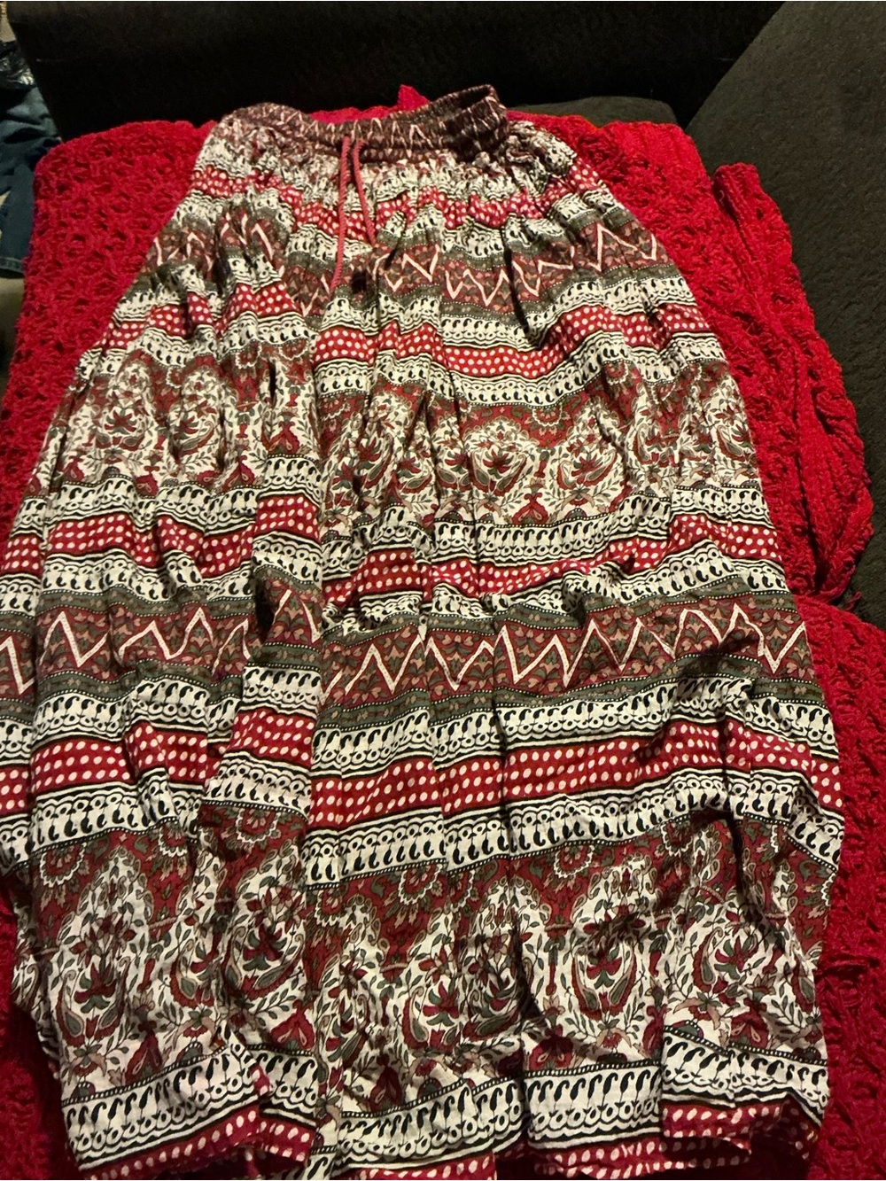 Women's Red Printed Maxi Skirt with Elastic Drawstring Waist